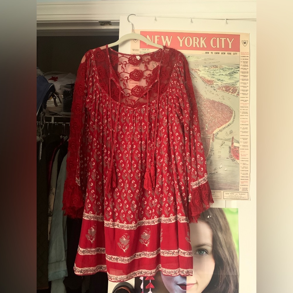Free People Red Dress with Bell Sleeves and Lace (M)